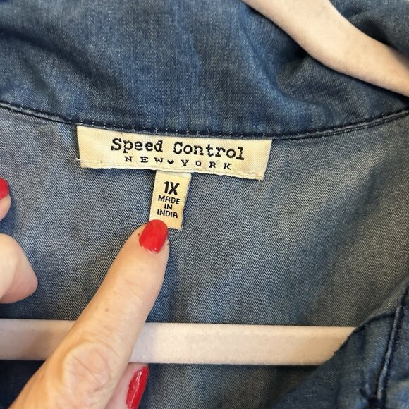 Speed Control 1x Denim Floral Shirt Dress midi Sleeveless Batik Boho Farmhouse - Picture 6 of 11